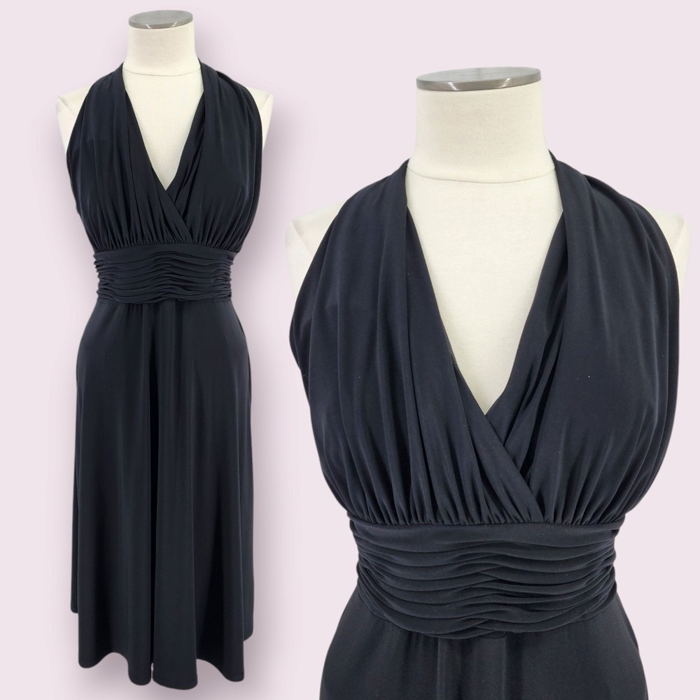 Vintage Y2K Halter Dress 16 Black Whimsigoth Vixen Bombshell Midi Bunny Cocktail